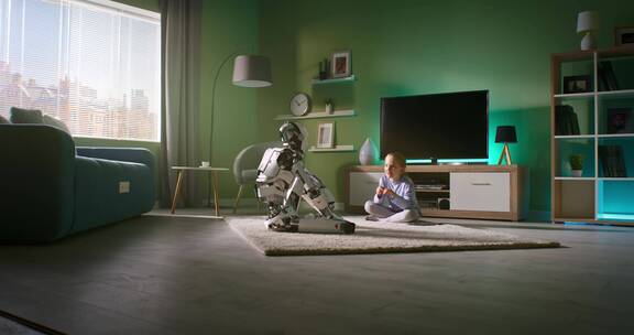 女孩和机器人在家里玩耍