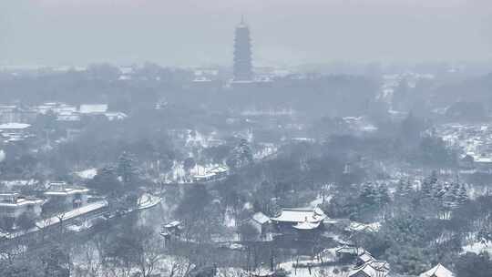 航拍瘦西湖景区园林大明寺观音山宋夹城雪景