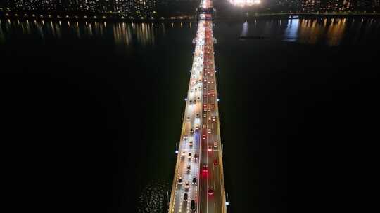 杭州钱塘江复兴大桥夜晚夜景航拍车流交通浙