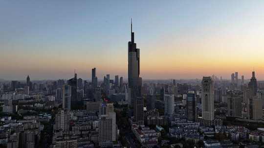 江苏南京CBD紫峰大厦建筑群日落夜景航拍