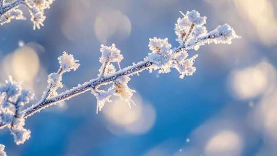 4K冬天树枝花蕊叶子结冰雪景