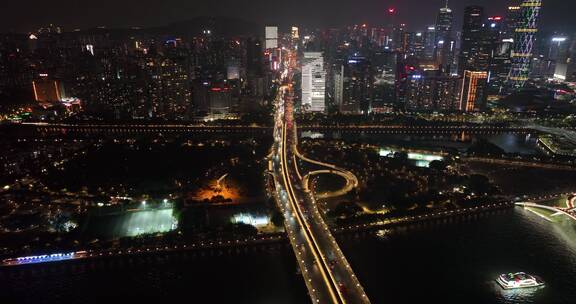 航拍广州大桥交通夜景