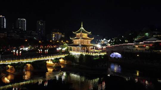 航拍贵阳，南明湖，甲秀楼夜景