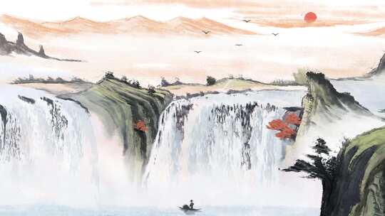 中式水墨山水瀑布风景