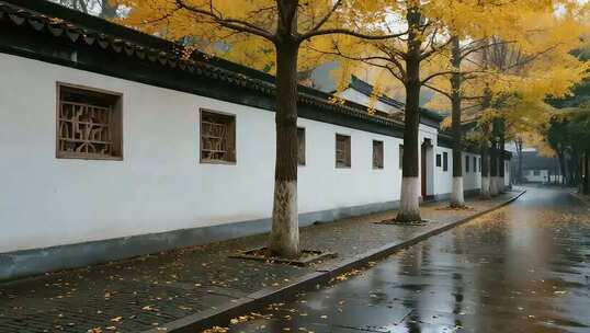 秋日古建筑旁银杏街道景象