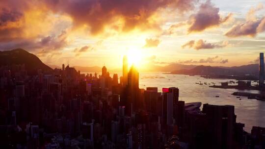 中国香港城市日落金光4K航拍素材