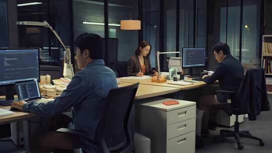 白领深夜在办公室加班