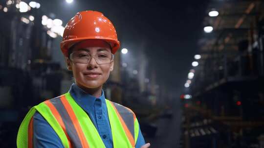 女工程师微笑相机在巨大的工业仓库戴着安全视频素材模板下载