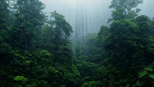 茂密雨林中大雨倾盆的自然景象