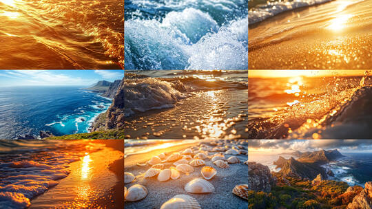 海浪浪花拍打扑向海岸岸边逆光特写