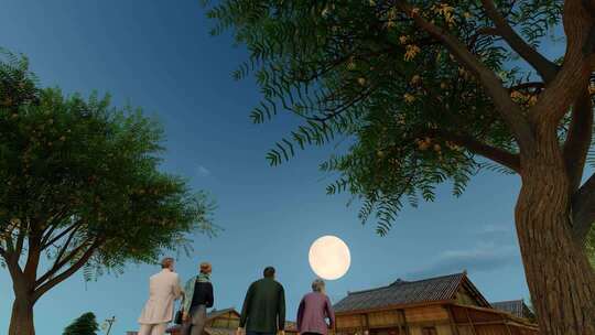 中秋八月十五一家人在庭院赏月