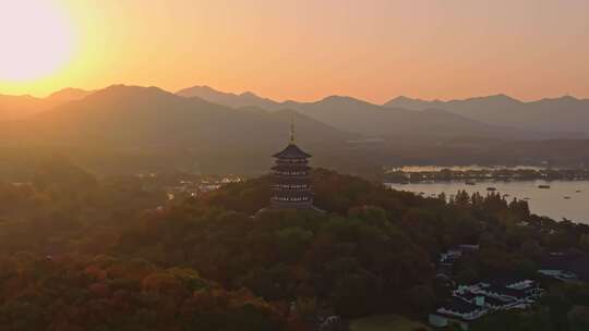 杭州西湖雷锋塔日落航拍