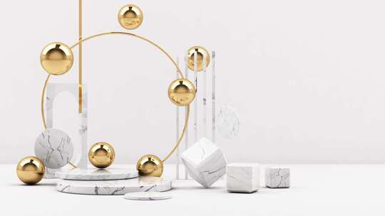 最小场景与讲台和抽象背景。金色和柔和的彩