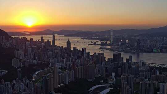 香港维多利亚港日落航拍大景