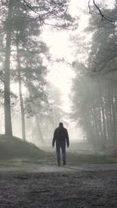 特写日出时分在浓雾的森林中行走的男人