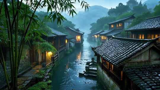 烟雨江南古镇雨水节日风景