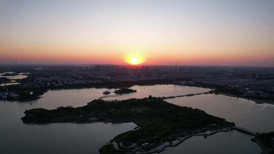 城市夕阳晚霞日落航拍东营日落