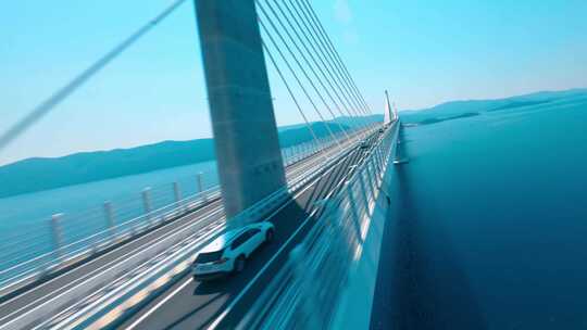 FPV穿越机无人机航拍跨海大桥汽车海岸日出