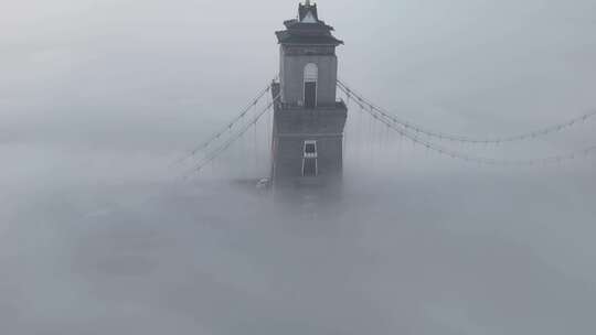 万福大桥晨雾航拍  超低平流雾 大雾浓雾