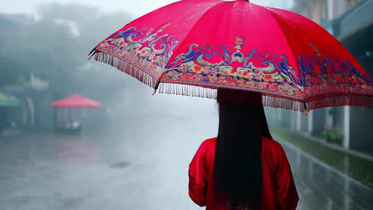 女子雨天打伞出门 背影