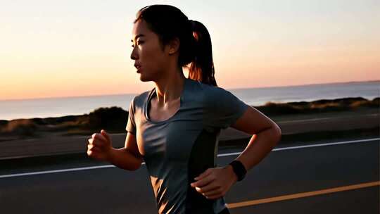 女孩海边跑步健康生活方式视频