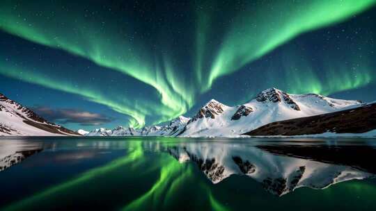 雪山湖面极光夜景