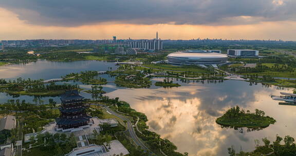 成都东安湖公园夏天傍晚日落乌云航拍延时