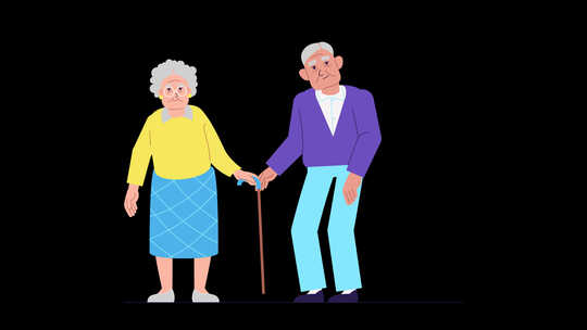 快乐的老年夫妇动画。祖母和祖父挥手