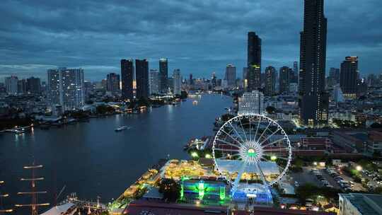 泰国曼谷湄南河亚洲河滨夜市摩天轮航拍风光