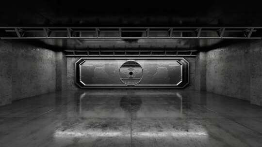 相机在无尽的混凝土隧道中移动。未来走廊。