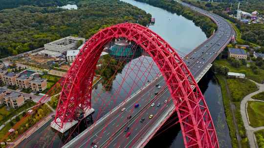 红色桥梁公路河流鸟瞰