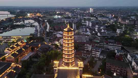 合集江西抚州文昌里正觉古寺夜幕降临航拍