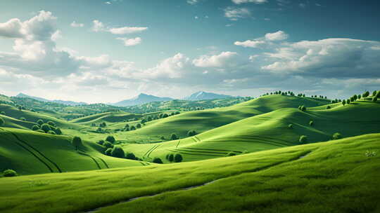 宁静的绿色草原和蓝天白云