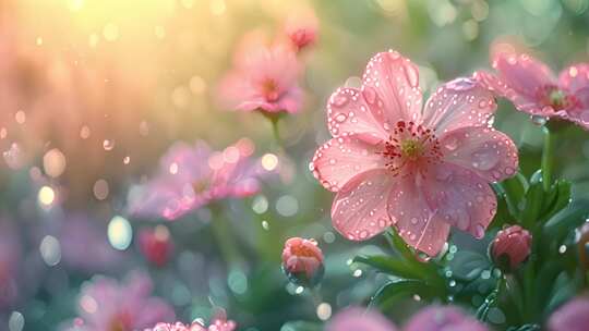 春天公园下雨时美丽花开景色