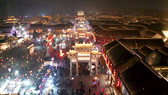 航拍即墨古城夜景-中秋节古城过年元宵灯会视频素材模板下载