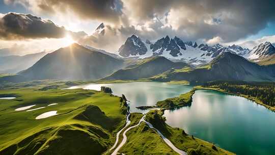 高山湖泊自然风光全景