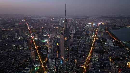 江苏南京CBD紫峰大厦建筑群夜景航拍