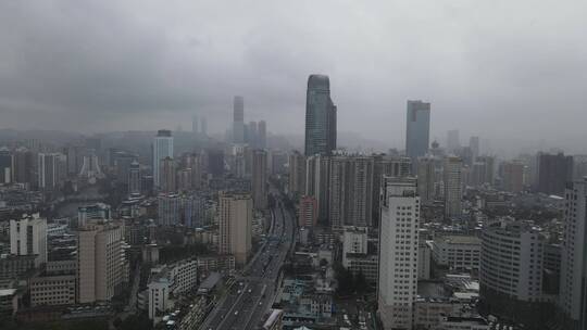 贵阳冬季下雪城市风景航拍素材