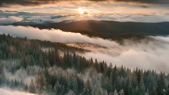 日出日落薄雾森林雪松
