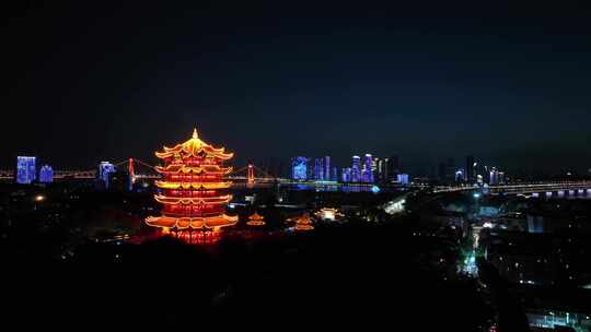 武汉黄鹤楼夜景航拍城市夜晚古建筑黑夜风光