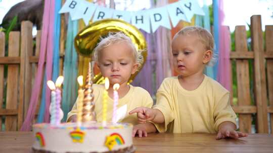 等待吹灭生日蛋糕蜡烛的双胞胎幼儿