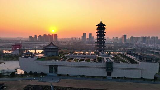 江苏扬州中国大运河博物馆日落航拍4K素材视频素材模板下载