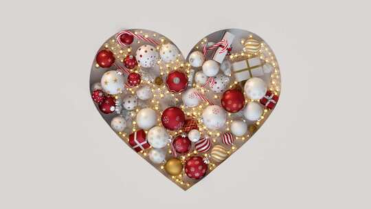 圣诞装饰品和礼物的心形。3D渲染动画
