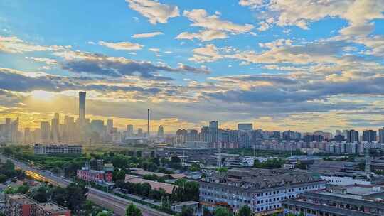 中国北京夏季国贸CBD城市天际线夕阳晚霞