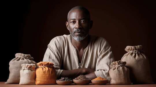 非洲商人展示传统香料与草药