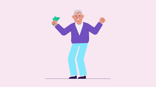 老人，快乐的祖父拿着钱动画。收入、储蓄、