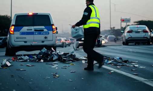 交警在道路上处理车祸后的垃圾碎片