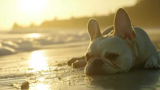 海滩日落时分慵懒小狗的惬意时光