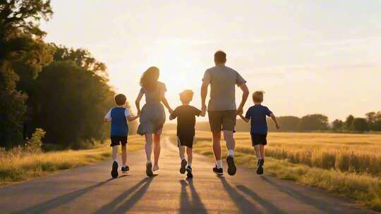 一家人户外夕阳下奔跑素材