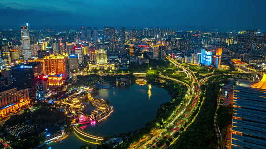 南宁民歌湖城市夜景璀璨灯光航拍延时